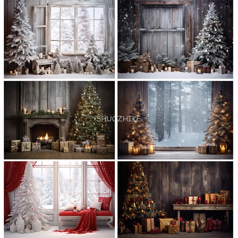 

Christmas Day New Year Decoration Photography Backdrops Pinecones Snow Fireplace Xmas Tree Winter Holiday Party Background DT-12