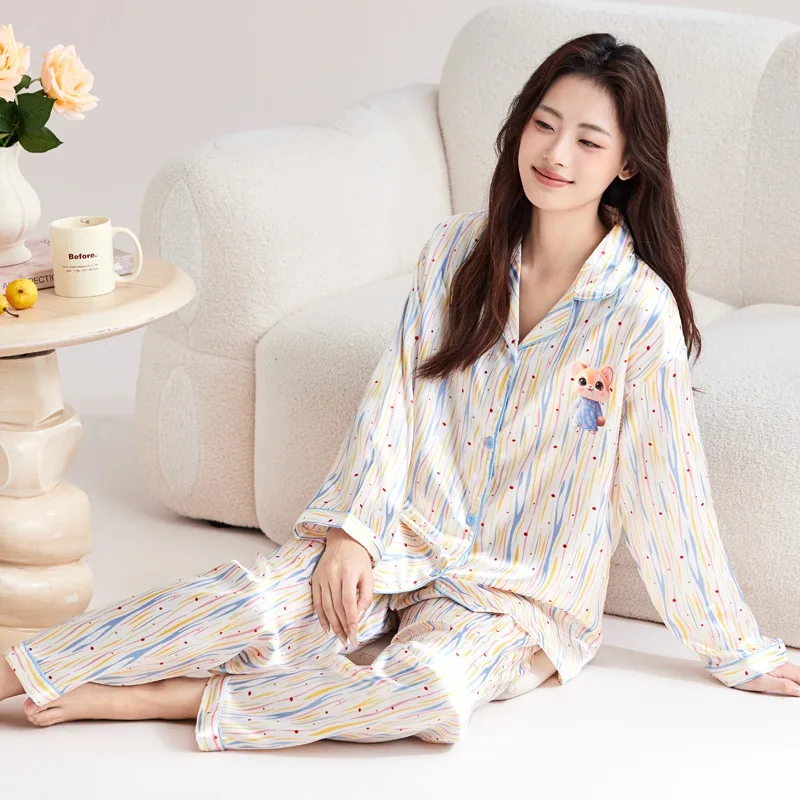 Striped Cute Sweet Cat Print Women's Pajamas Long Sleeve Korean Casual Women's Pajama Set Lapel Neck Autumn Winter New Sleepwear
