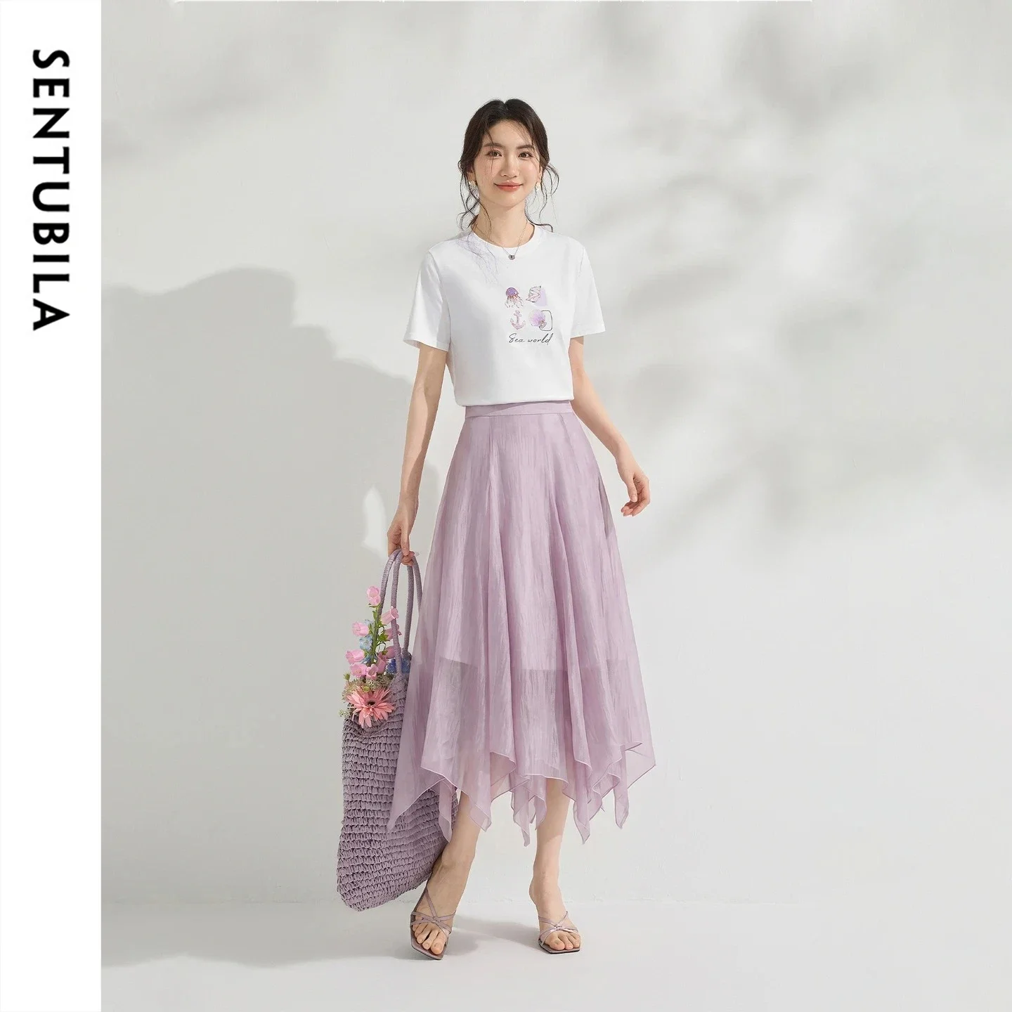 SENTUBILA Summer Women's Suits Hand Beaded 100% Cotton White Tee Irregular A-Line Midi Skirt 2 Piece Set Woman Outfit 162ZL6898