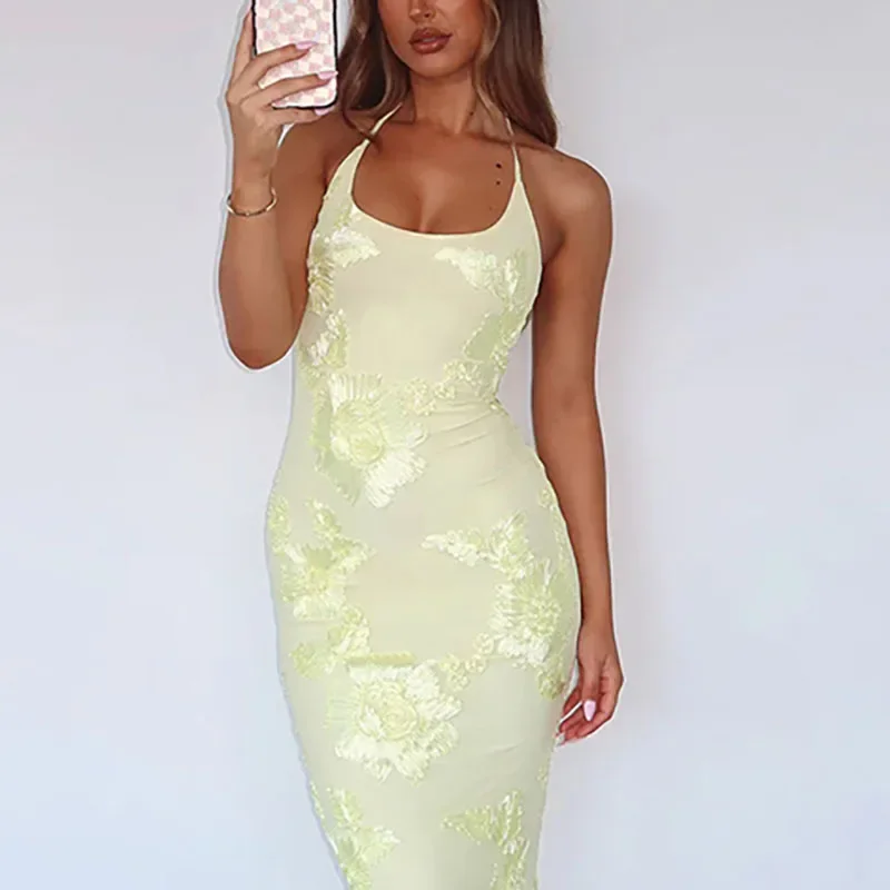 Sexy Stickerei Jacquard Spitze-up Halter Leibchen Kleid Frau Elegante Dünne Bodycon Langes Kleid Sommer Backless Split Bankett Kleid