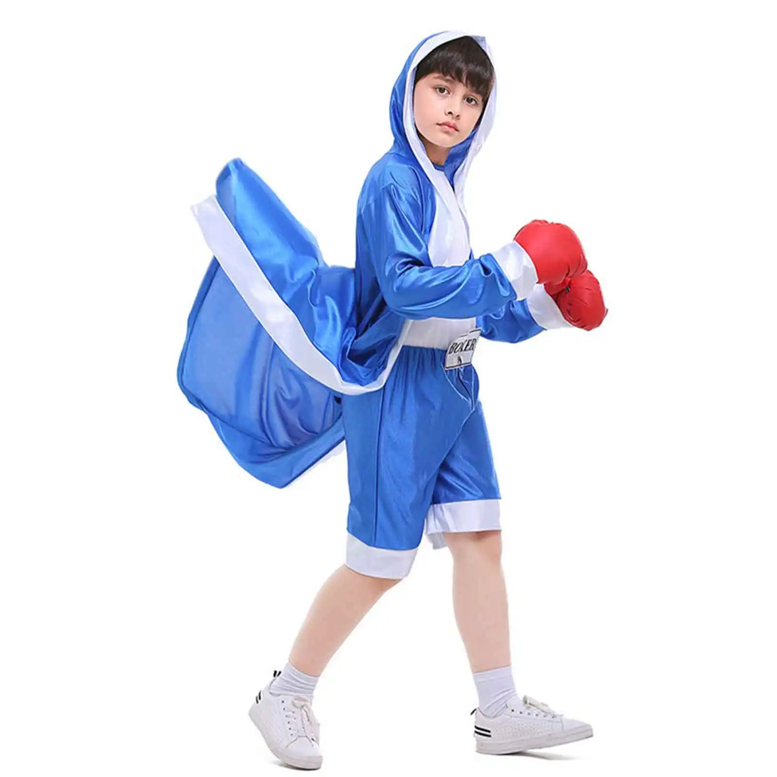 Dzieci bokser kostium czerwony niebieski szlafrok Kickboxing walka Grappling Muay Thai Cosplay dla chłopców Halloween strój