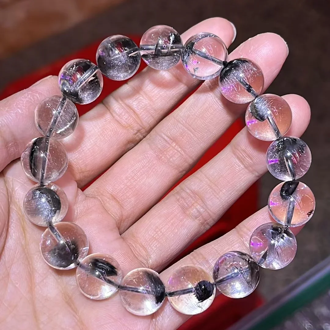 Natural Brookite Platinum Black Rutilated Quartz Bracelet 12.5mm Woman Man Gift Round Beads Brookite Crystal Jewelry AAAAAA