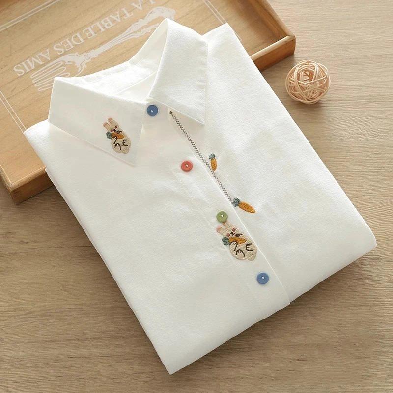 

Spring New Style Artistic Fresh Rabbit Carrot Embroidered Pure Cotton White Long Sleeve Women's Shirt Student Versatile Button u