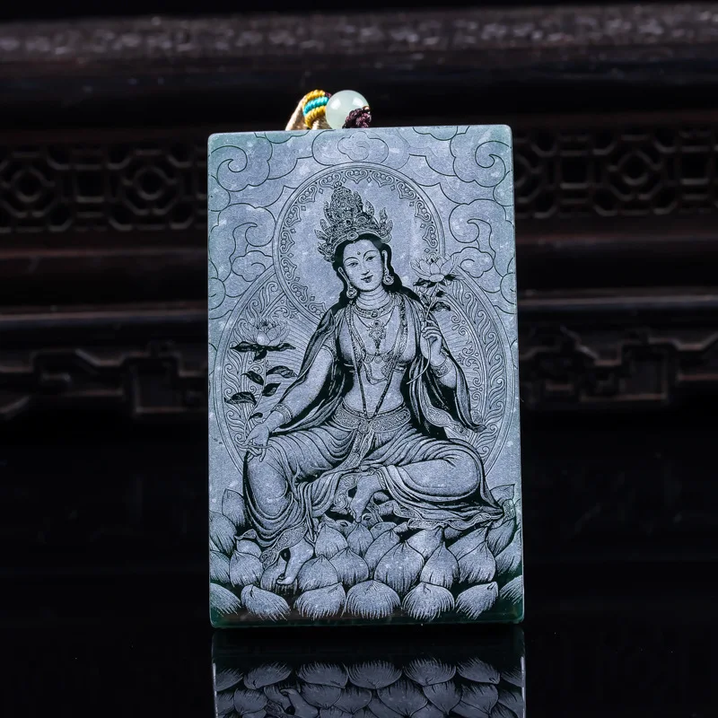 

Natural A-grade Jadeite Green Tara Blue Water Material Exquisite Shadow Carving High Ice Jade Pendant Jade safety necklace