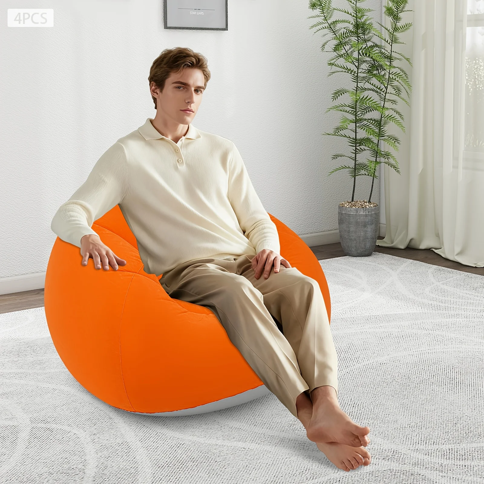 Inflatable Couch 4pcs with Pedal Pump, Orange PVC Lazy Sofa for Home, Yard, Camping, Balcony, Office, Bedroom, Living Room, Dorm