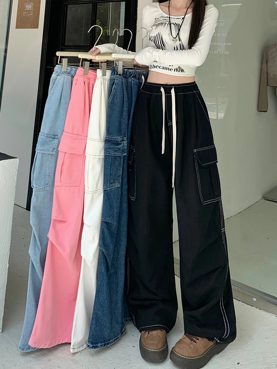 Women's Vintage 90S Spicy Girl Y2K Elastic Elastic Waist Denim Workwear Pants High Street Casual Loose Straight Tube Floor Tower