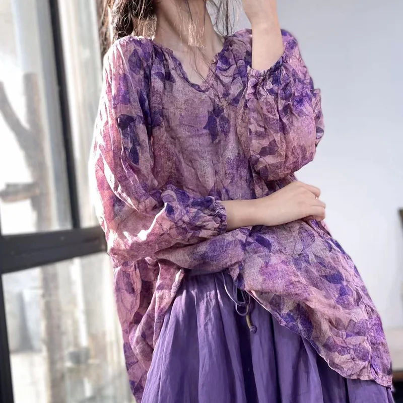 

Slimming Printed Cotton Linen f Skirt And irt Two-Piece Set Summer 2023 Sweet Sle Loose Fit Long Sve round Ne