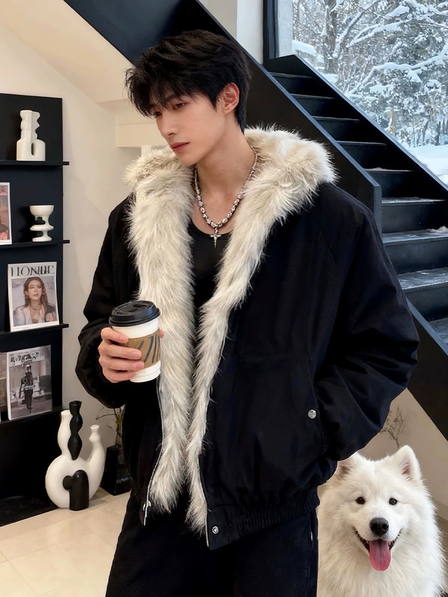 

Men's Winter Thiened Warm ort Cotton Jaet Hooded Fur Collar American Sle Bla Eagle Design Casual Faionable Coat