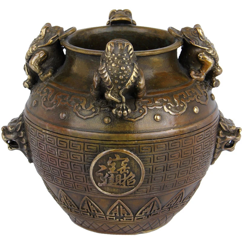 Square Creative Ornament, Treasure Basin Decoration, Bronze Golden Toad Jar, Home Decor Brass
