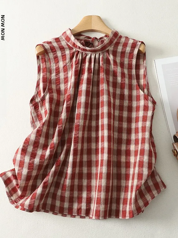 

Red Plaid Sleeveless Vest Loose Fit round Neck Doll Shirt Large Size Women's Summer New Style Versatile Casual Cotton Top