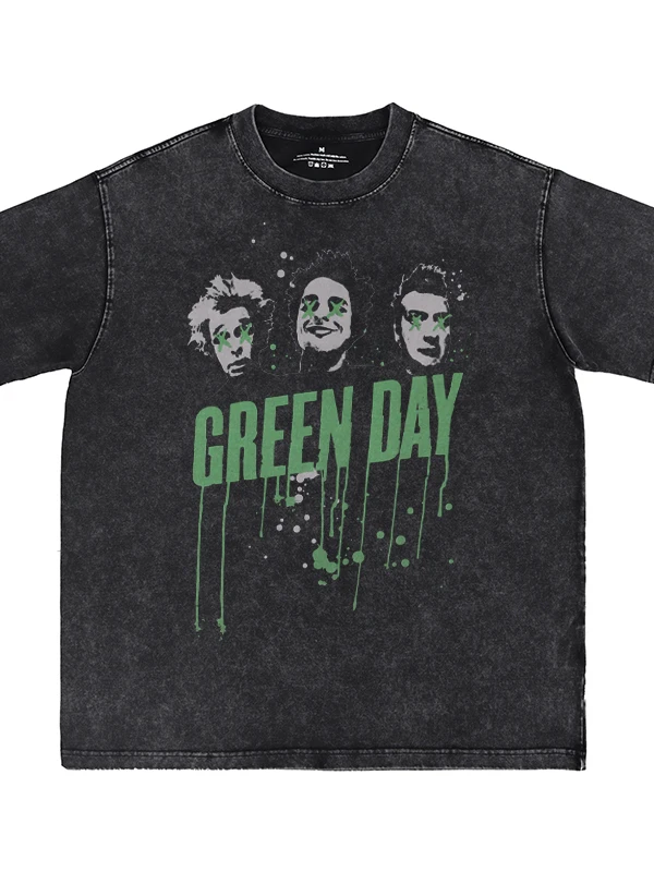 Een Day Digital Direct Spray Washed Green Day Band Vintage American Street Punk Rock Short Sleeve T-Shirt Loose Fit Cotton ro...