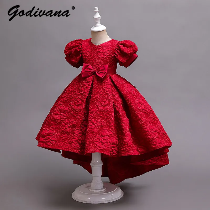 Baby Girls Red Formal Princess Dress Childrens Luxury Niche High End Puff Sleeve Bow Embroidery Birthday Host Evening Ball Gown