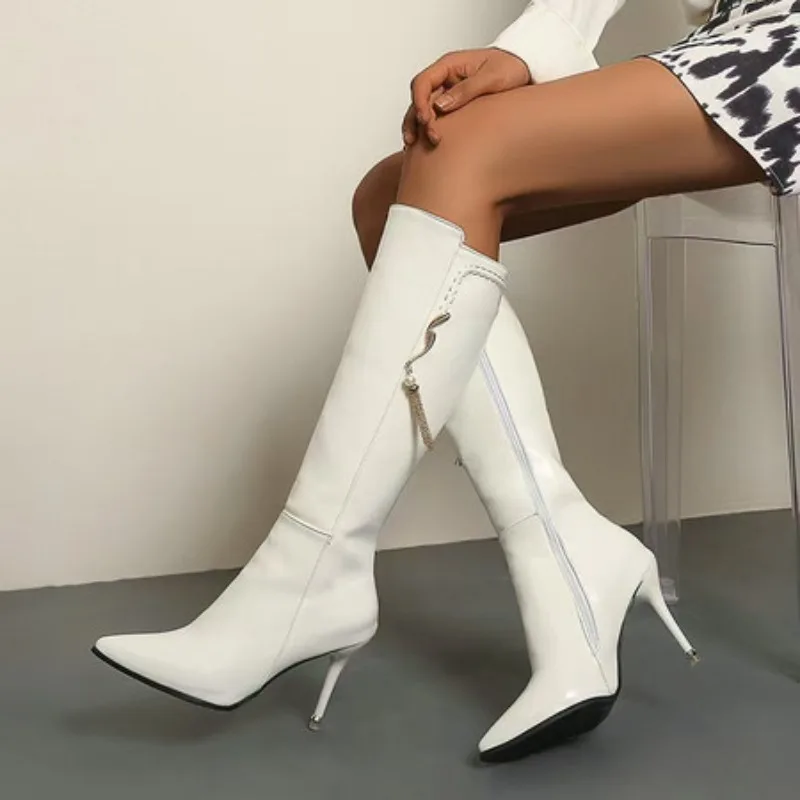 Plus Size Pointed Ultra High Slender Heel Pearl Tassel Decal Side Zipper Office Women's Boots Sweet And Sexy Knee High Boots