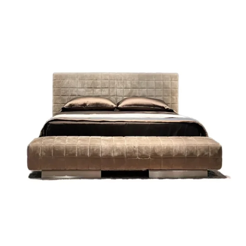 Designer grid pattern double bed matte leather checkerboard comfortable soft bag master bedroom wedding bed