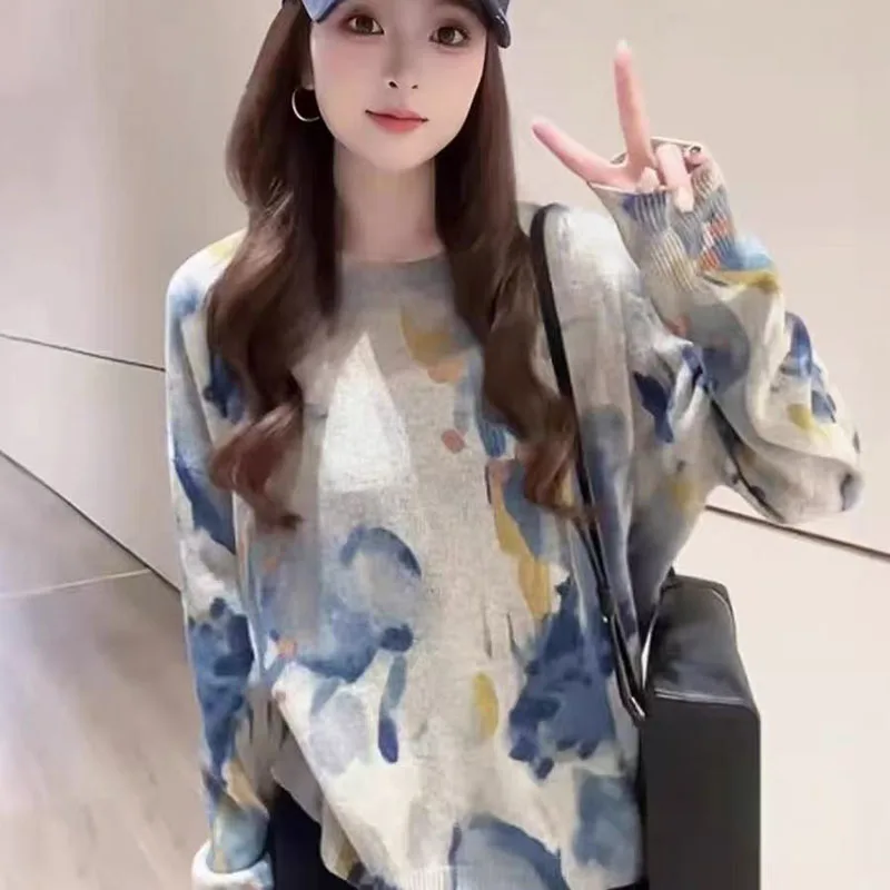 

2025 New Autumn Women's Ink Smudge Round Neck Long Sleeve Knit Pullover Women's Sweater Nice Top