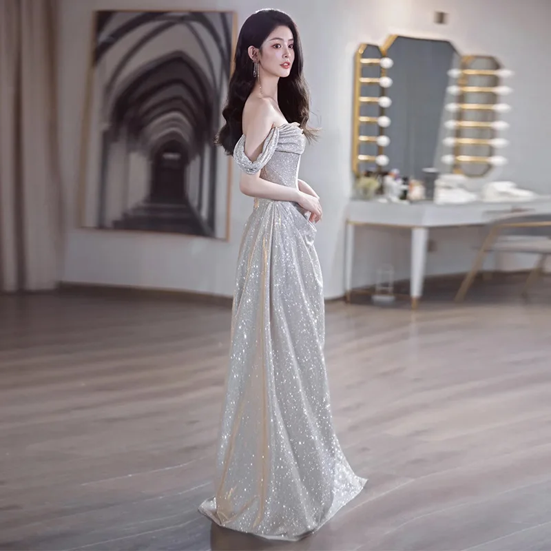 2024 New Sequins Shiny Party Dress Women Luxury Sexy One Shoulder Waist Slim Long Dresses Elegant Evening Night Robe