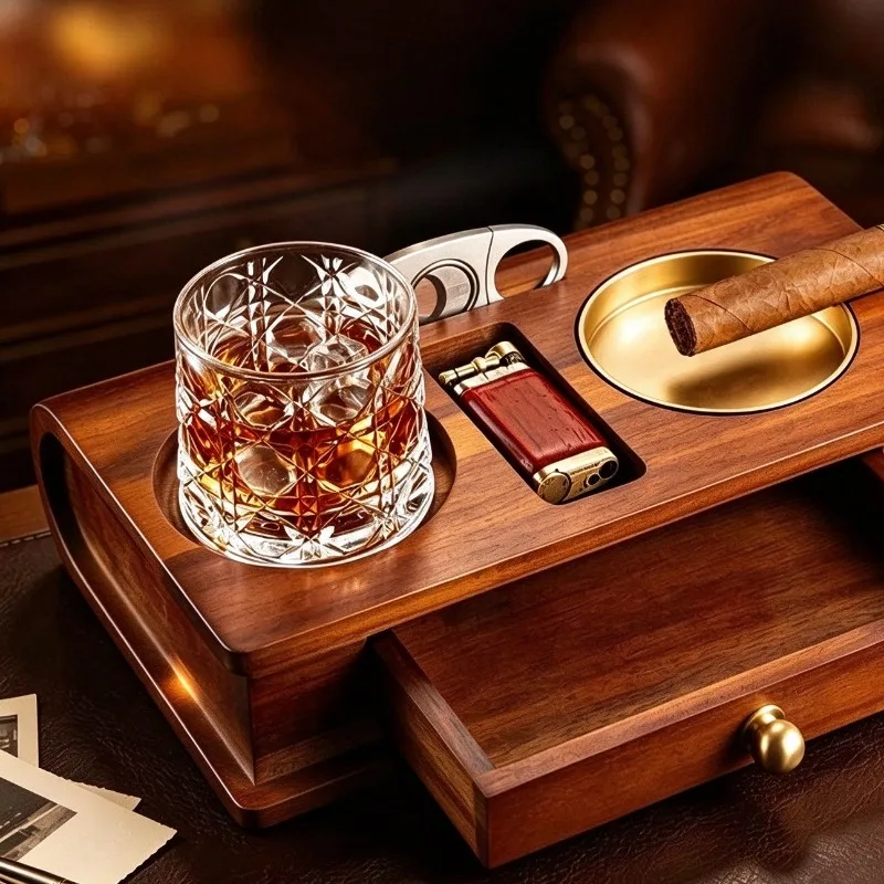 Multifunctional Solid Wood Cigar Ashtray with Whiskey Glass Holder & Storage Tray for Home Bar Office Desktop Use