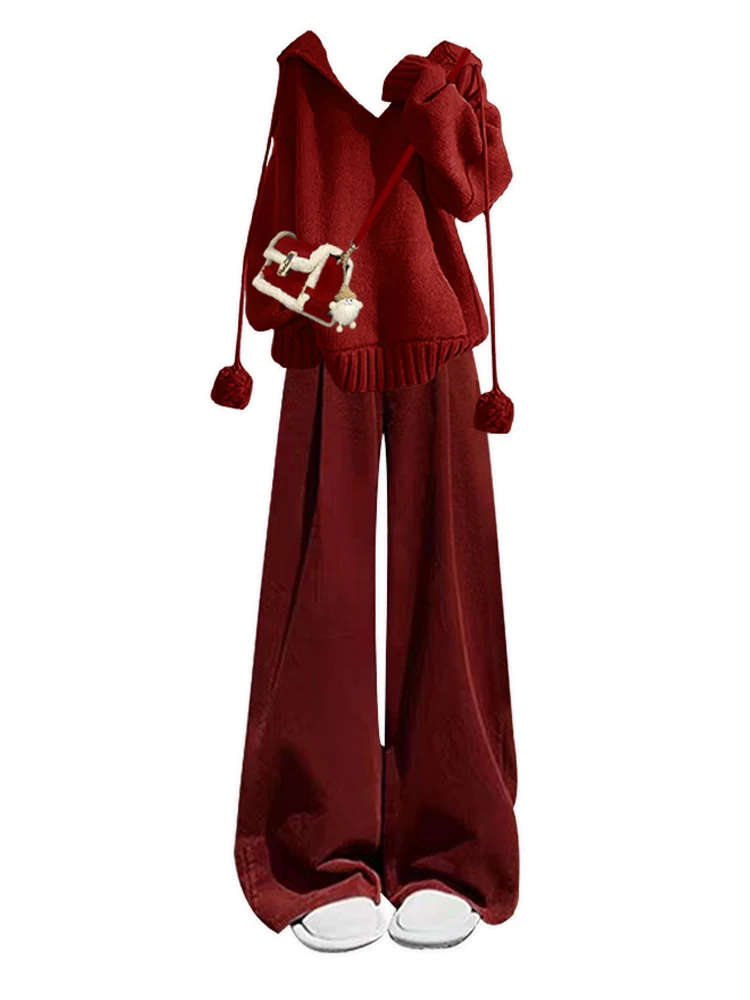 Plus Size Dames Gebreide Trui En Losse Casual Broek Set Rode Kleur Afslanken Herfst Winter Faion Tweedelig Pak Koreaanse S...