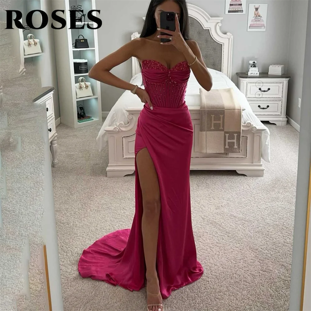 

ROSES Sexy Fuchsia Evening Dress Mermaid Party Dress with Pleats Satin Vestido De Novia Sexy Side High Split Prom Dresses