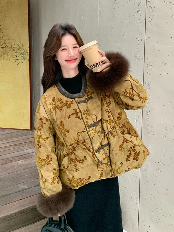 

Новая китайская женская зимняя куртка с принтом, съемным меховым воротником, теплая верхняя одежда, модная повседневная