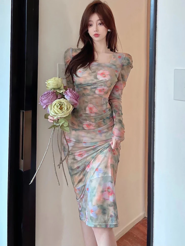 Otoño Invierno Boho Floral malla cuello cuadrado vestido largo mujeres elegante Casual Holiaday vestidos 2025 coreano Chic vestido de estilo de playa