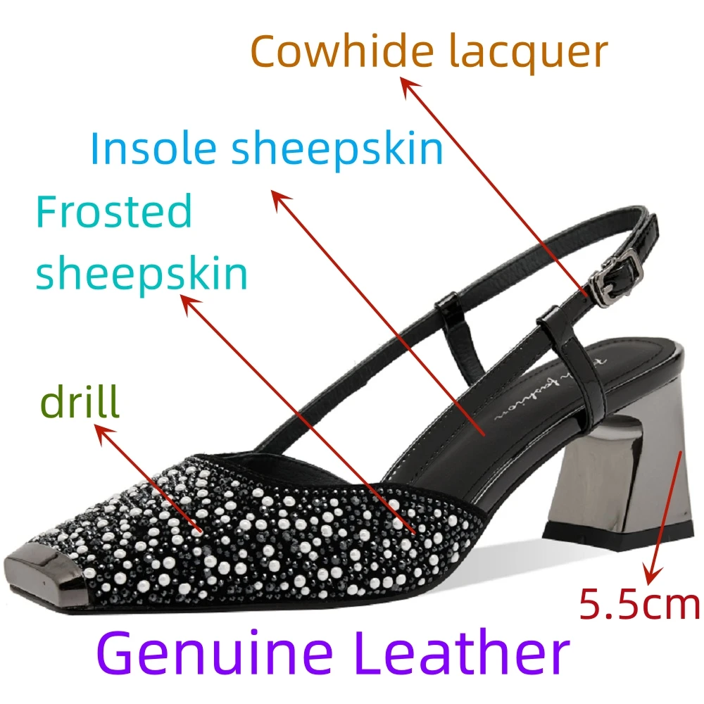 【JOCHEBED HU】Brand Genuine Leather Mid Heel Drill Sandals for Women's New Summer Pointed One Piece Strap Single 34-40