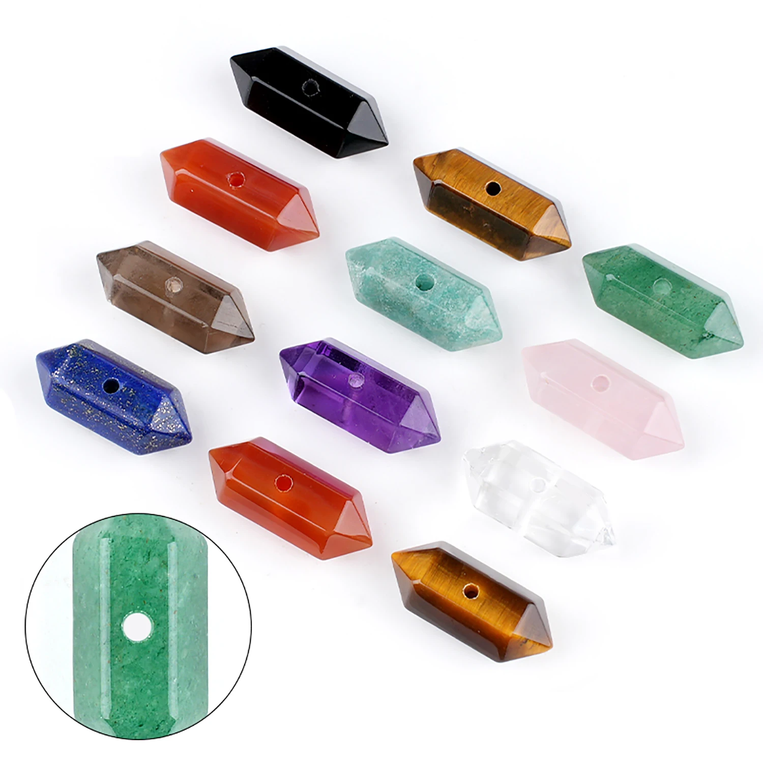 Mid Drilled Natural Hexagon Shape Stone Pendant Amethyst Tiger Eye Quartzs Healing Charm Bead For Jewelry Making Accessories