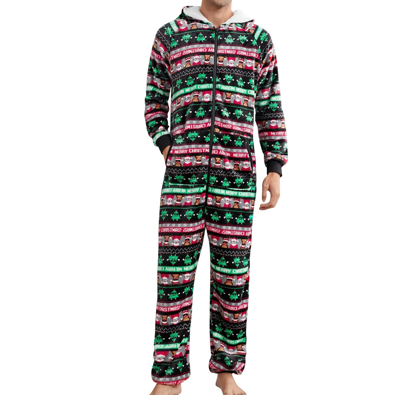 Christmas Onesie Men Jumpsuit Sleeping Clothes Zipped Up Men One Piece Hooded Jumpsuit Fleece Winter Warm Adult Onesie Sleepwear