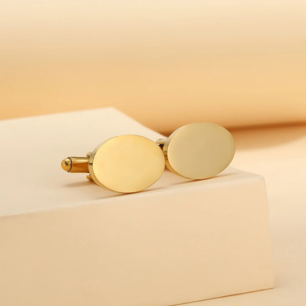 Classic Black Golden Silvery Blank Design Mens Stainless Steel Oval Cufflinks Laser Engraving Ellipse Sleeve Button