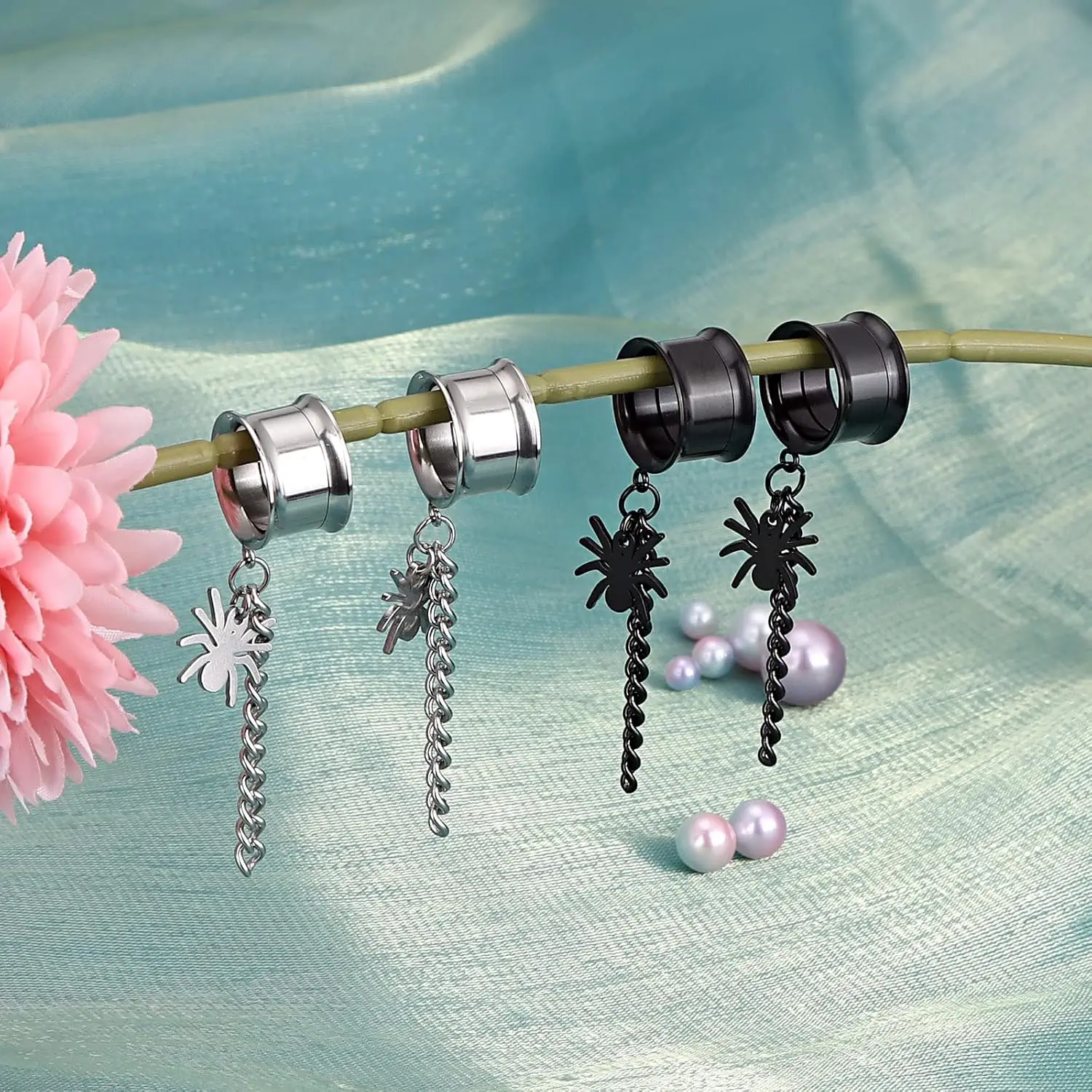 1/ 2 Pair Stainless Steel Dangle Chain Cross Spider Ear Tunnels Earrings Gauges 2G-5/8 inch