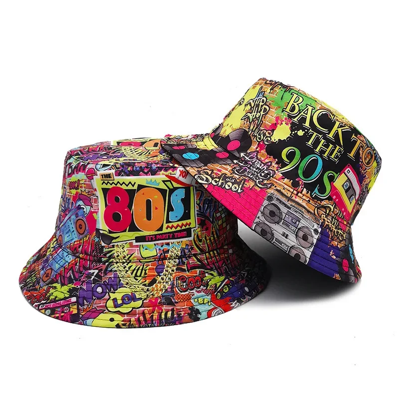 Unisex Retro Nostalgic 90S Print Bucket Hat Spring Summer Double-sided Hip-hop Magnetic Strap Sun Hat Beach Basin Hat