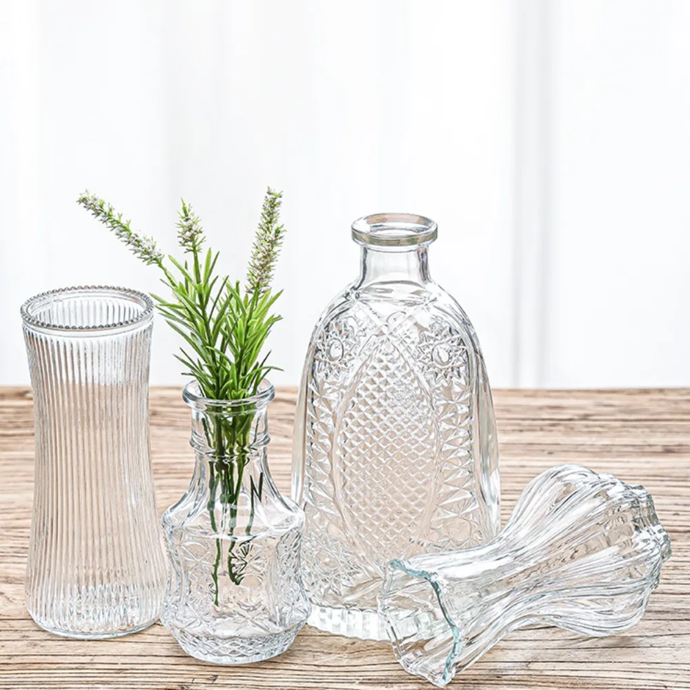 1PC Mini Transparent Glass Vase Retro Embossed Hydroponic Plant Vase New Nordic Style Desktop Ornaments Wedding Party Supplies