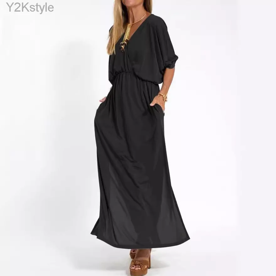 

High Waisted Dress Three-quarter Sleeve Dress Elegant V-neck Split Dress for Women Loose Fit High Waisted Solid Color Spring