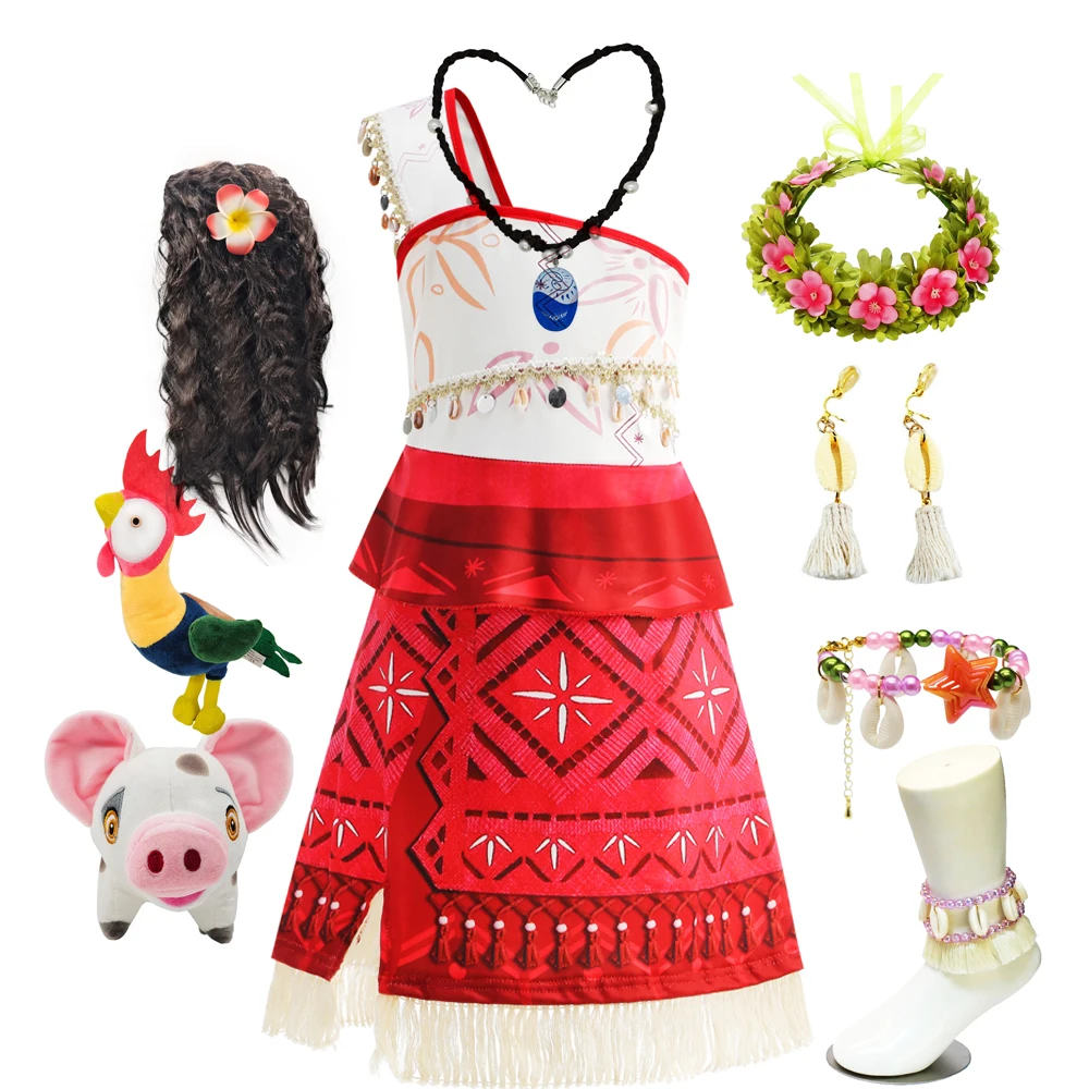 Moana Dress for Girls Christmas Girl Princess Dress Cosplay One-Shoulder Suspender Dress Accessories Set