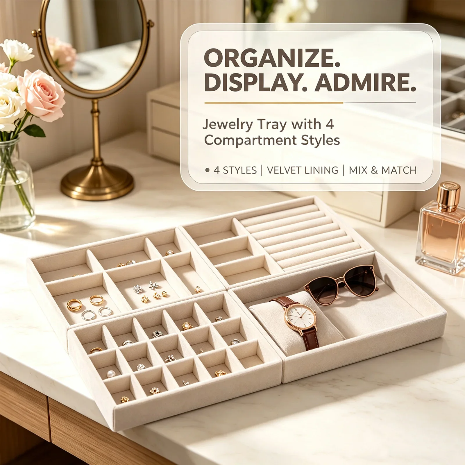 4Pcs Velvet Jewelry Display Tray Stackable Drawer Insert Jewelry Storage Tray Multiple Compartments Jewelry Holder Organizer