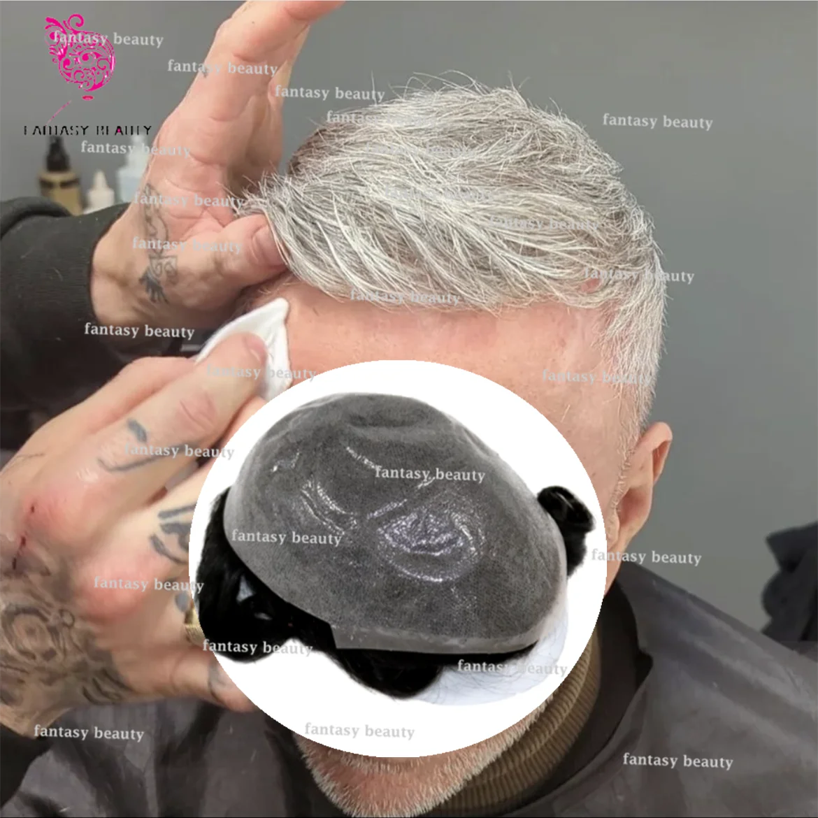 Sistema capilar Invisible, peluquín indetectable para hombres, gris, 1B40, bucle en V, 0,02-0,03mm, piel ultrafina, línea de cabello Natural, cabello Remy negro