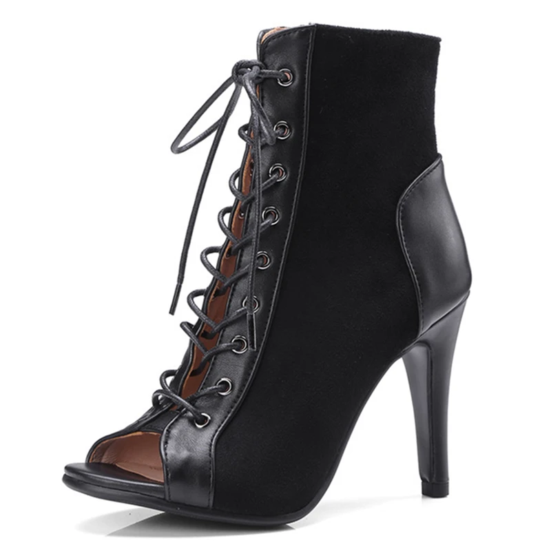 Black Summer High Heels Ankle Boots For Women 2026 Spring Peep Toe Lace Up Pumps Party Jazz Dance Shoes Suede Ladies Large Size