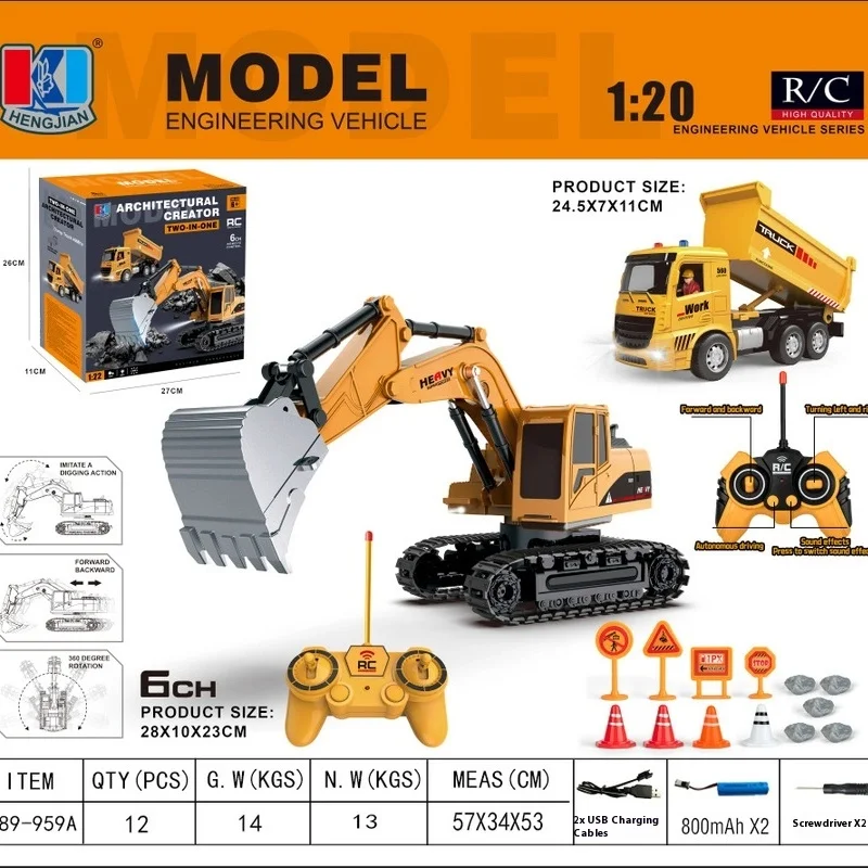 Nuovo 689-995a Giocattolo di ingegneria telecomandato Escavatore telecomandato a 6 canali + autocarro con cassone ribaltabile con luci Giocattolo musicale Bulldozer