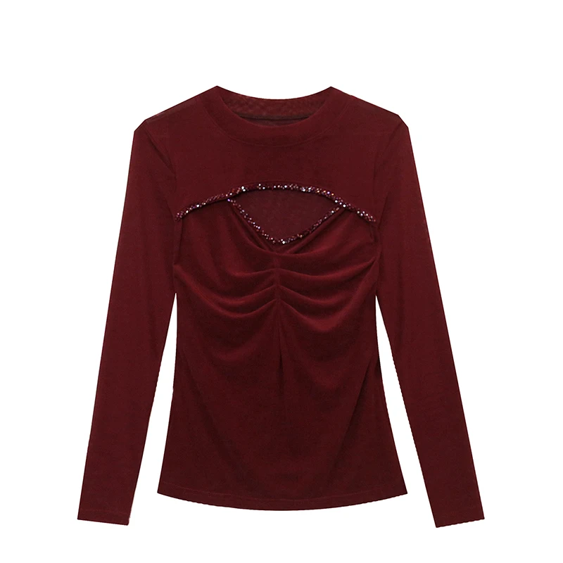 2024 New European Clothes Fall Mesh T-Shirt Chic Sexy O-Neck Hollow Out Shiny Beading Women Tops Long Sleeve Elastic Tees 49038