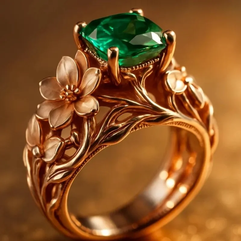 Artistic Vintage Green Synthetic Zirconia Floral Cameo Ring for Women Elegant Luxury Banquet Festival Unique Jewelry Accessories