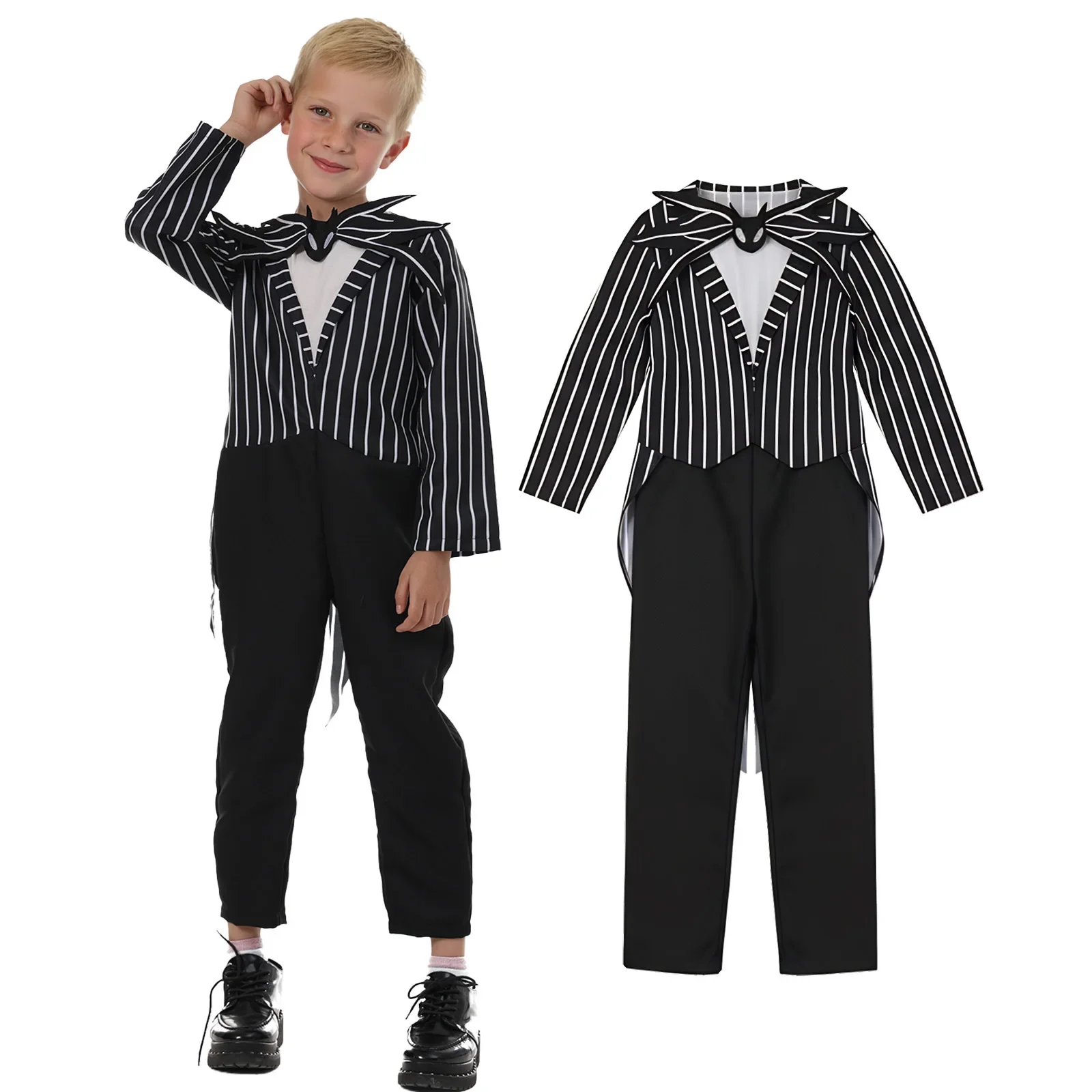 Schwarzer, weiß gestreifter Smoking-Overall mit Skelettkragen für Jungen, Halloween-Geister-Gentleman-Kostüm für Kinder, Karneval, Bühnenparty-Outfit – Detail 2