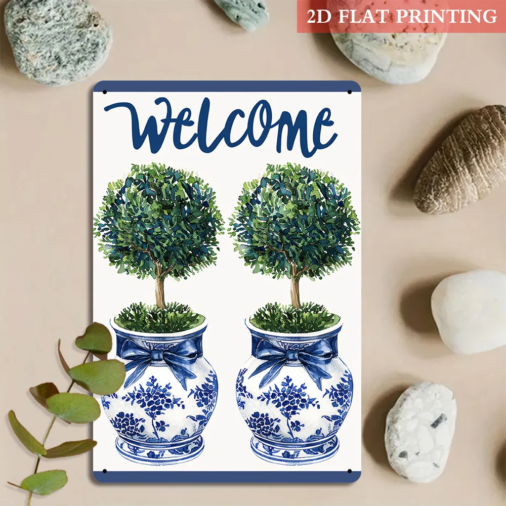 Vintage Blau-Weißes Willkommens-Metallschild aus Eisen 20x30cm Retro Veranda Garten Wanddekoration Plakette Eingangsbereich Kunstposter Blechschild