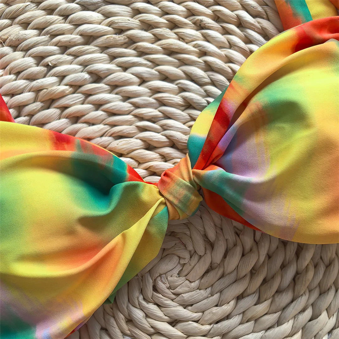 Bikini mit Blumenmuster im Tie-Dye-Stil, hoher Beinausschnitt, zweiteiliger Badeanzug für Damen, Badebekleidung, Badeanzug, Schwimmanzug V5842 – Detail 9