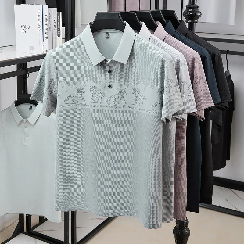 Mens Subtle Horse Mountain Landscape Jacquard Short Sleeve Polo Shirts Crease Soft Comfort All Season Daily Business Shirts