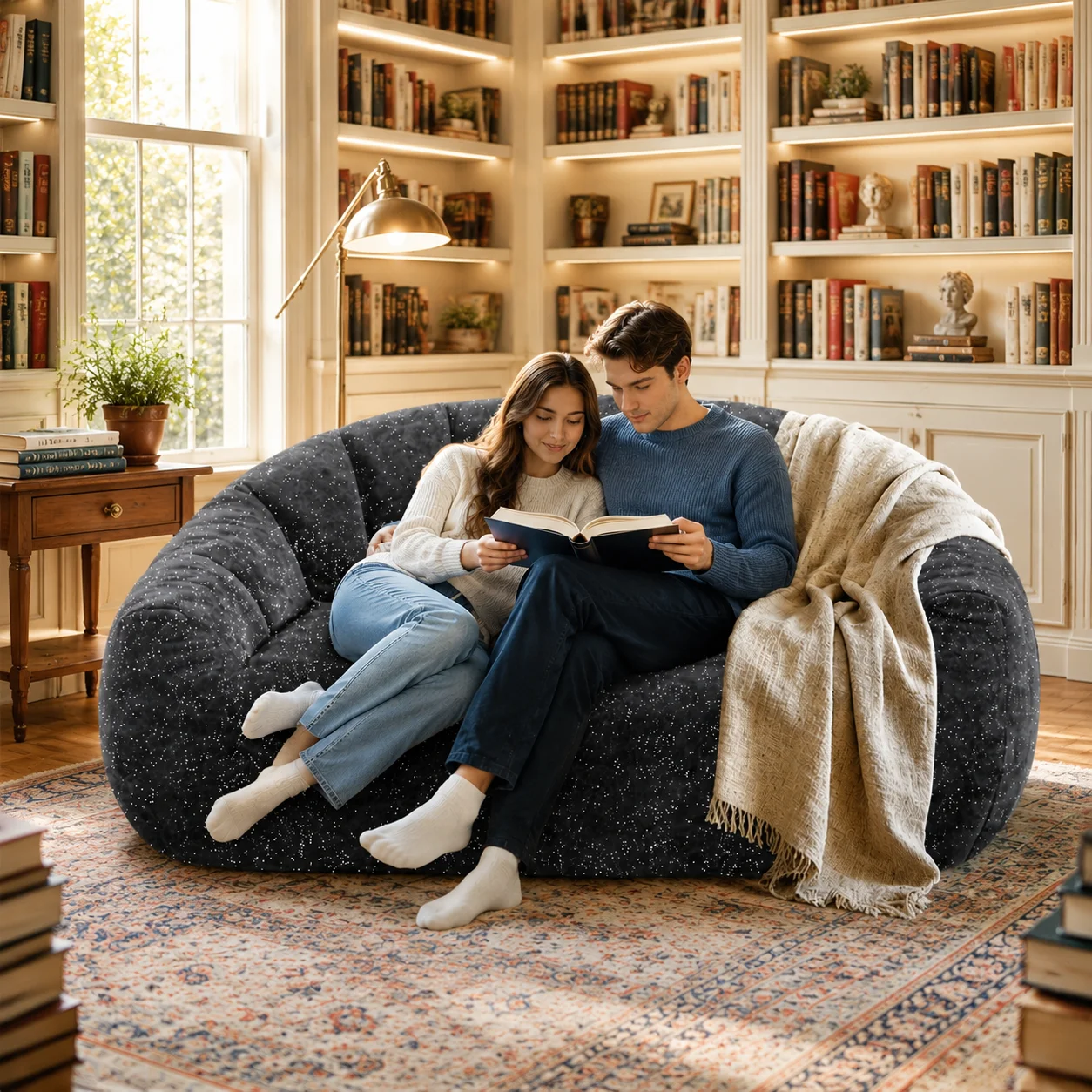 2-Seater Glitter Plush Bean Bag Chair, Tufted Sponge Vacuum Compressed, Pet Friendly Non-Slip Base Living Room Gaming
