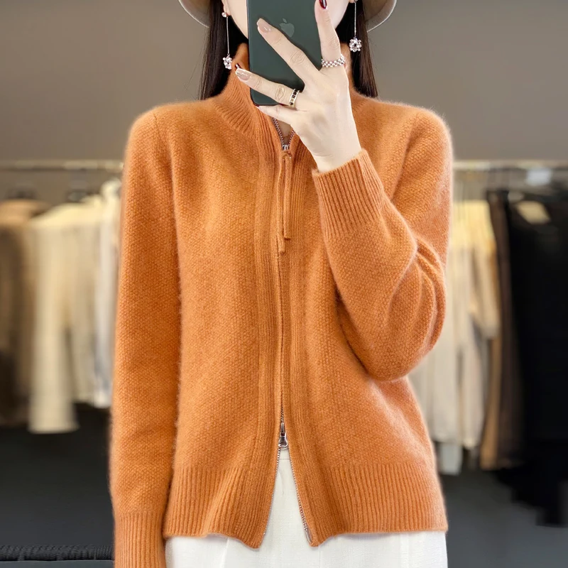 100% Wool Zippered Cardigan Women\'s Clothing Standing Collar Knitted Sweater Autumn/ Winter Slim Fitting Fashion Top Korean