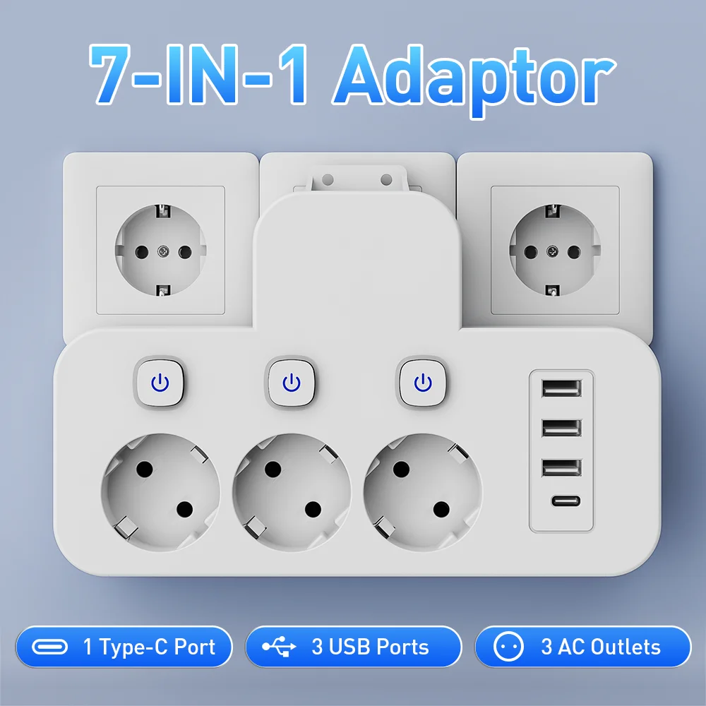 3-Port Ac Wall Socket with 3 USB Ports and 1 Type-C Port |   Eu Plug Adapter with Independent Switch, Suitable for Travel, Home or Office Use, Cable Not Included.