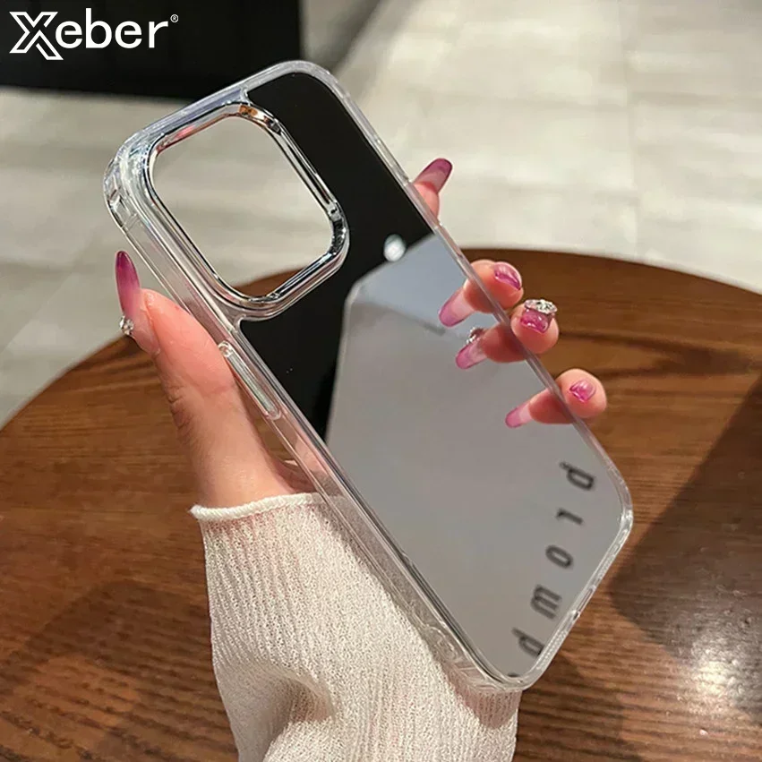 เคสโทรศัพท์กระจกแต่งหน้าชุบหรูหราสำหรับ iPhone 11 12 13 14 15 PRO MAX MINI XR XS 8 7plus SE ฝาครอบอะคริลิคแข็งกันกระแทก