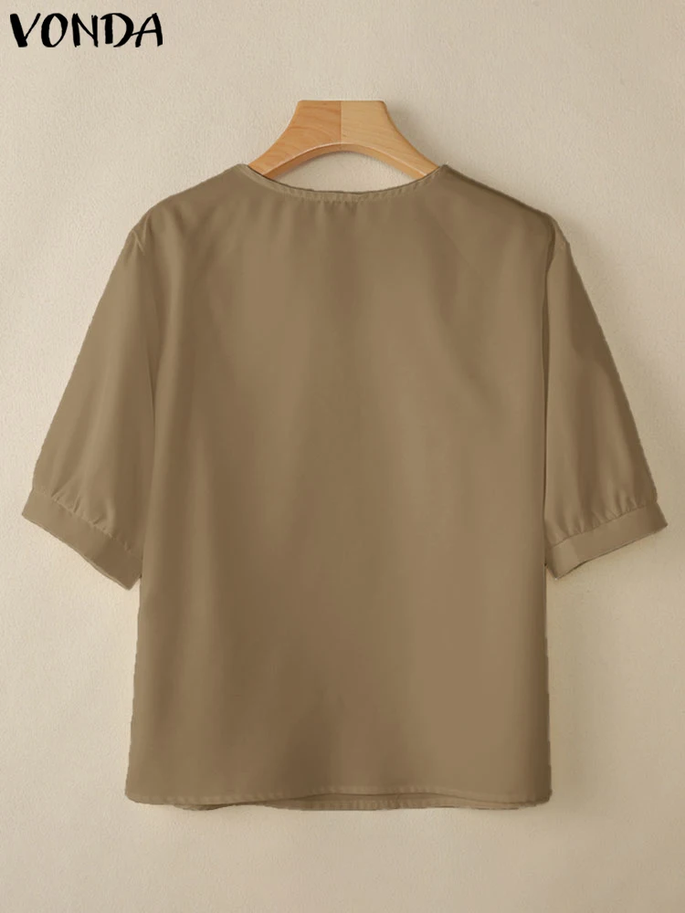VONDA Damska tunika Modna bluzka 2025 Letnie topy z krótkim rękawem Casual V-Neck Luźne, eleganckie koszule Hollow Out Lace Blusas