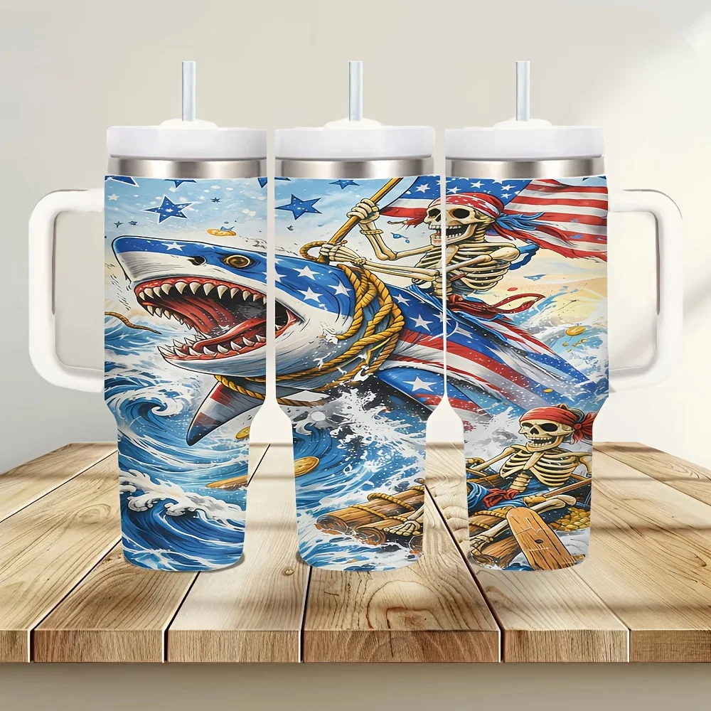 40Oz Tumbler with Handle, Patriotic Skeleton Shark American Flag Print, Suitable for Patriotic People, Keeps Cold And Hot Drinks, Ideal for Daily Use Travel And Outdoor Activities